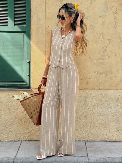 SHEIN Tall CURVE Plus Size Retro Casual Striped Sleeveless Top And Wide Leg Pants 2 Piece Set, Women Summer Outfit. Women Casual Striped Button Vest And Pants 2 Piece Set, Summer, Spring, Valentine's Day, Carnival, Beach, Party, Wedding, Elegant, Vacation, Sleeveless Casual Top And Pants Set, Casual Summer Set., Suitable For Summer, Daily Commute, Dating, Party, Christmas, New Year, Thanksgiving, Party, Wedding, Beach, Graduation Ceremony, Fashion, Elegant, Casual, Outing, Dating, Reservation, Commuting, Shiny, Valentine's Day, Elegant, Vacation, Casual, Y2K, Outing, Graduation Ceremony And Other Occasions.