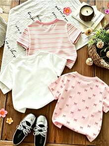 SHEIN Playful Pals 3件套女童（小号）T恤，蝴蝶结条纹草莓印花，粉白条纹粉色蝴蝶结可爱休闲舒适百搭，适合春、夏、秋、冬四季穿着。 - 彩色 - 查看 2