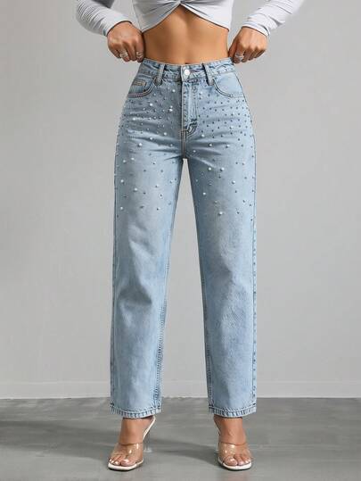 Blauwe, met kralen versierde, rechte lange damesjeans