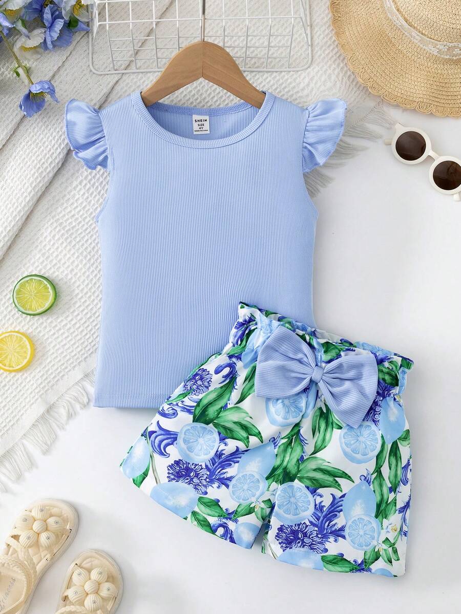 SHEIN Elladie kids 两件套女童时尚黄色圆领喇叭袖上衣+柠檬印花3D蝴蝶结短裤套装,别致休闲装,适合日常、海滩、度假、夏季穿着 - 淺藍色 - 查看 1