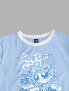 Sweetina THE POWERPUFF GIRLS X SHEIN 女士泡泡图案浅蓝色休闲印花撞色滚边修身短袖T恤 - 夏季套头衫，可爱柔美少女风和Y2K复古风，四季皆宜 - 淺藍色 - 查看 3