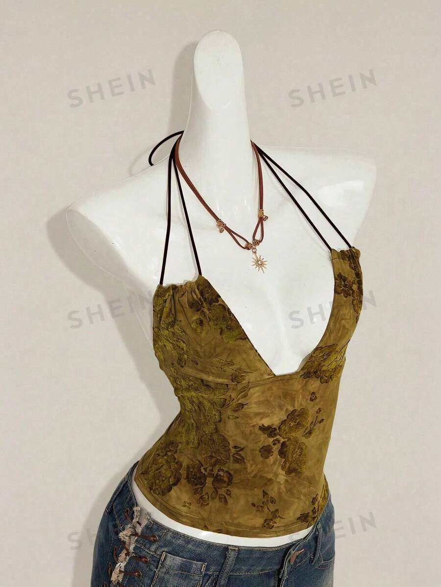 SHEIN ICON 女士复古绿色植绒提花露背交叉绑带性感吊带衫 - 黃色 - 查看 1