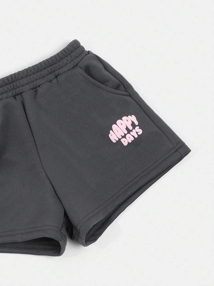 Girls Soft Co-Ord Set Featuring Happy Days Text Print Oversized Crop Top And Matching Shorts Casual Outfit For Summer Spring
