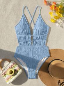 Swim Vcay Women's Solid Color Deep V Sexy Spaghetti Strap One-Piece Swimsuit - Blue - View 4