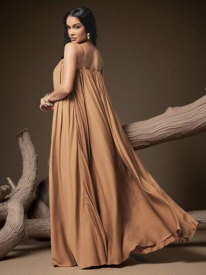 Hauture 女士性感度假亚麻深V领弹力长裙