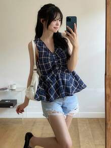 DAZY 格子无袖V领喇叭形休闲度假夏季上衣，女士背心外套 - 藏蓝色 - 查看 9