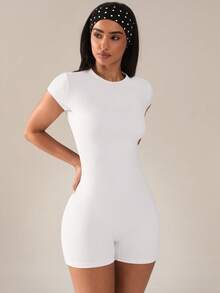 SHEIN BAE Solid Color Backless Tight Fitting Short Sleeve Sports Jumpsuit, Summer - White - View 4