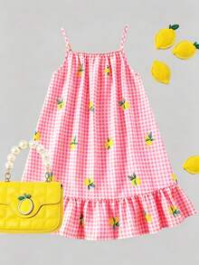 SHEIN Elladie kids 女童柠檬格子数码印花拼接荷叶边吊带连衣裙，适合夏季日常穿着、外出、旅行、度假和聚会。 - 粉色 - 查看 2