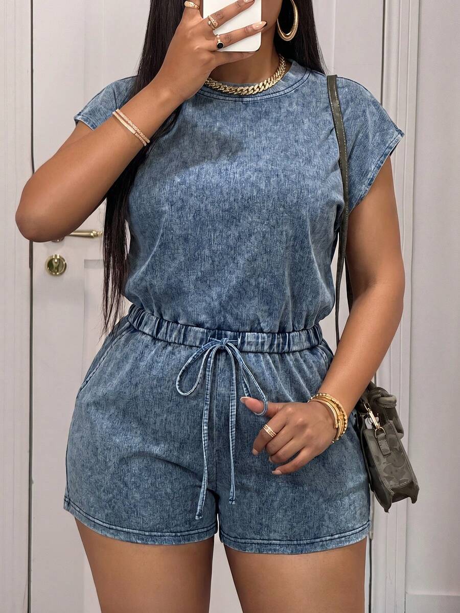 Slaydiva 大尺碼夏季休閒蝙蝠袖牛仔上衣與抽繩腰牛仔短褲兩件套