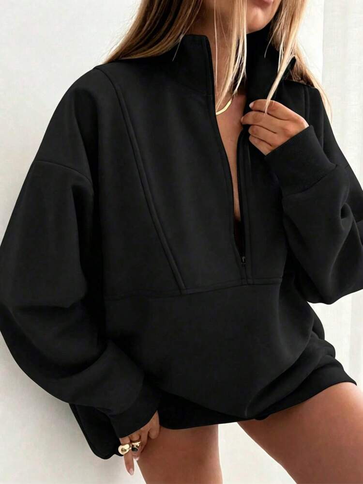 EMERY ROSE Casual Loose Half-Zip Up Long Sleeve Sweatshirt, Plus Size - Black - View 1