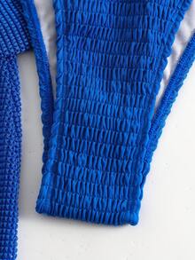 SHEIN Swim Summer Beach Smocked Bikini Set Halter Triangle Bra Top & Tie Side Bikini Bottom & Cover Up Dress 3 Pieces Bikini - Royal Blue - View 7