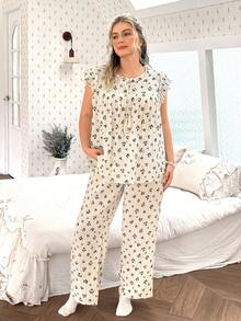 CottageSlumber Plus Size Ditsy Floral Ruffle Trim Round Neck Drawstring Tassel Decor Woven Pajama Set - Beige - View 3