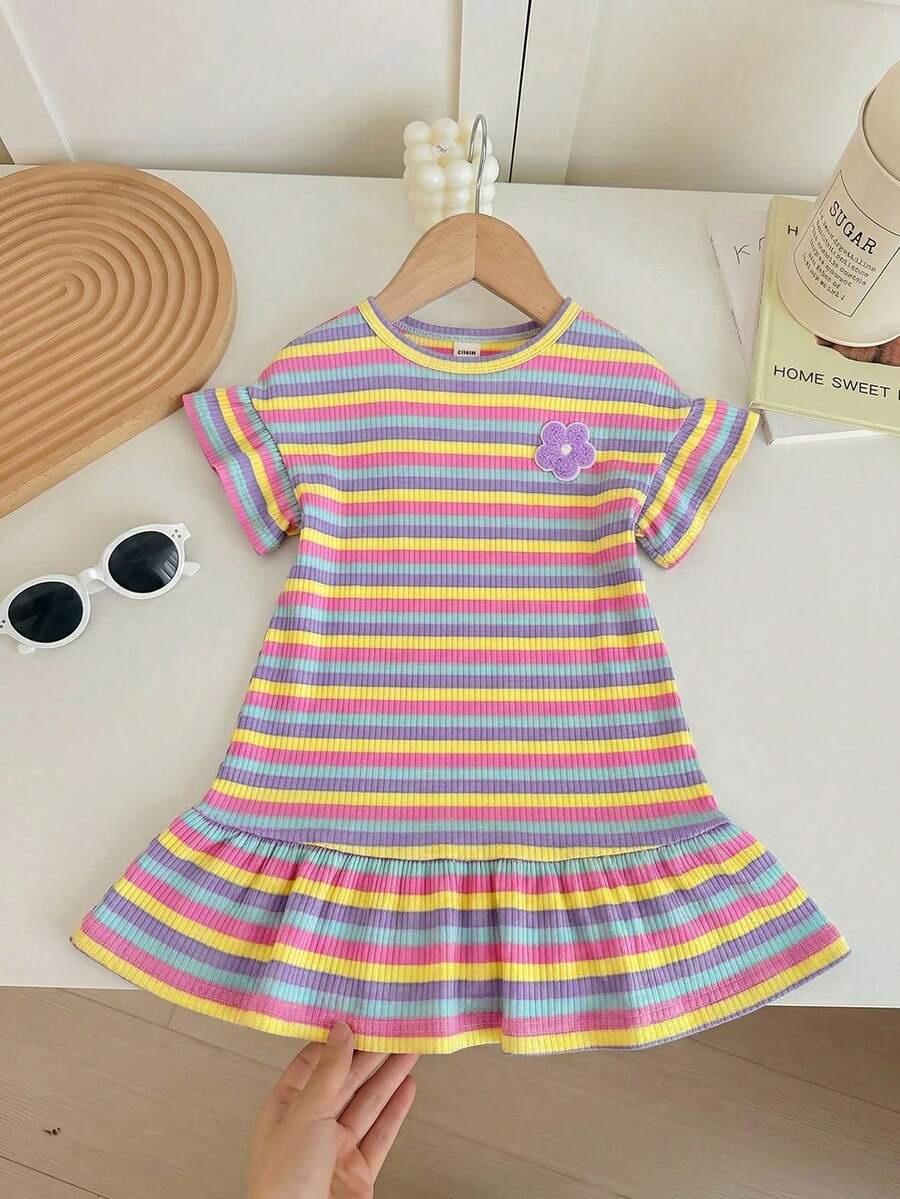 SHEIN Baby Girl Cute Knitted Striped Heart Pattern Short Sleeve Dress, Summer School Yellow Cute - Multicolor - View 1