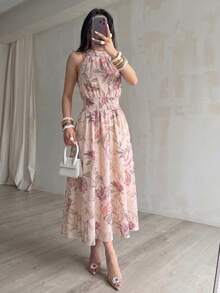 Modelyn Đầm chữ A không tay in họa tiết nhuộm tie-dye kỹ thuật số dành cho nữ, kiểu cổ yếm buộc dây. - Nhiều màu - Xem 5