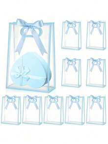 10 bolsas de regalo de plástico transparente reutilizables de material PP con cintas para bodas, fiestas de cumpleaños, baby shower, empaque de pequeños negocios, artículo indispensable - Celeste - Ver 7