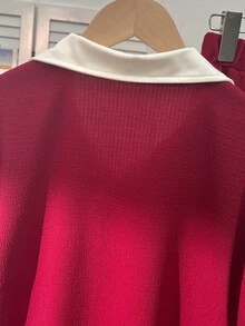 少女休闲百搭日常及假日黑白撞色滚边无袖圆领T恤+阔腿梭织裤套装 - 酒紅色 - 查看 3