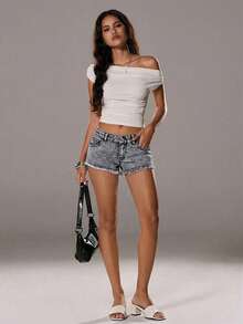 SHEIN Tall Women's Casual Low-Waist Denim Shorts, Summer - Light Grey - View 5