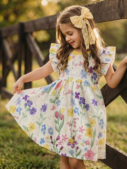 SHEIN Baby Girl Casual Floral All-Over Print Dress
