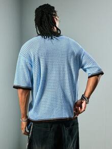 ROMWE MEN Men's Contrast Color Short Sleeve Single-Breasted Casual Knit Top - Multicolor - View 3