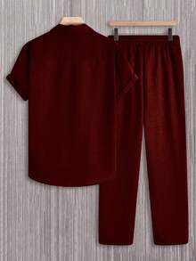 Manfinity Homme Men's Solid Color Short Sleeve Single-Breasted Shirt And Pants Casual Suit - Burgundy - View 2
