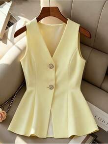 Women's Casual Yellow Fabric Vest Flared Hem V Neck Sleeveless Regular Length Button Details Plain Lightweight Jacket - Yellow - View 3