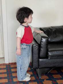 Dazy Kids Pantalones vaqueros casuales de estilo coreano con lavado para niños pequeños, corte holgado - Azul - Ver 2