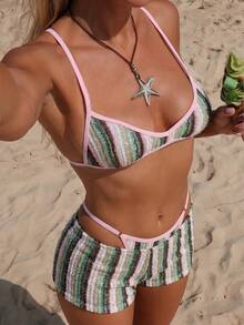 SHEIN Swim Vcay 3pcs Sexy Special Fabric Micro Bikini Top, Adjustable Side Tie Bottoms & Shorts Set - Multicolor - View 7