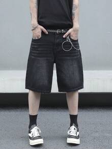 Manfinity EMRG Men's Casual Washed Slant Pocket Denim Shorts, Summer - Black - View 1