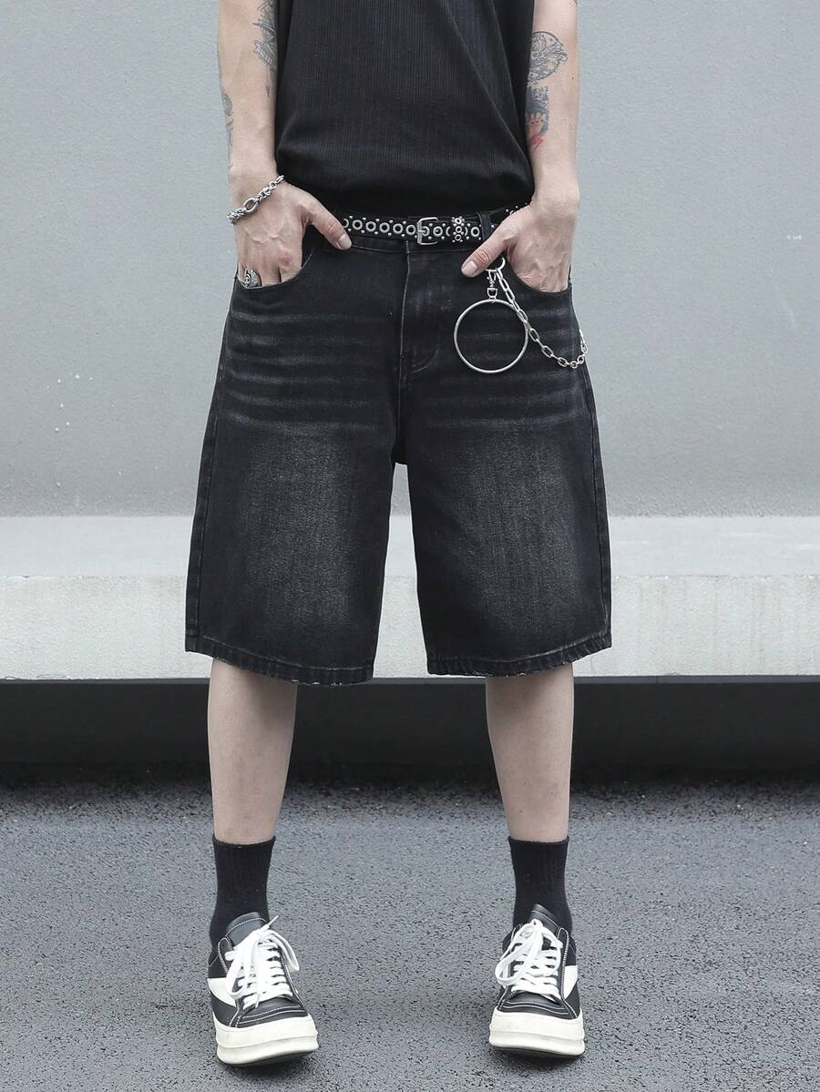 Manfinity EMRG Men's Casual Washed Slant Pocket Denim Shorts, Summer - Black - View 1