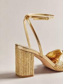 Hauture Damen elegante Ankle-Band Sandalen mit rundem Zehenbereich und Blockabsatz - Gold - Übersicht 8