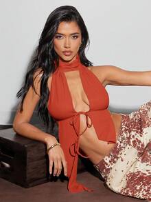 Denimoi Spring And Summer Solid Open Back Cut Out High Neck Mesh Halter Top, Backless Vacation Outfits For Women, Fashionable, Clubbing Tops - Burnt Orange - View 2
