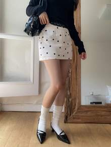 DAZY 波点直筒修身半身裙，女士休闲度假夏季半身裙 - 白色 - 查看 3