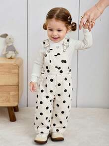 Baby Girls' Cow Print Denim Overalls With Oversized Bow Decor, Loose Fit - Beige - View 3