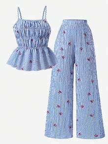 SHEIN Girls Striped Bow Camisole Top And Straight Leg Pants Summer Vacation Outfit - Blue - View 8