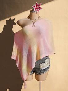 SHEIN ICON 大尺碼女款淺粉色漸層流蘇針織罩衫，度假罩衫，適合秋季度假、海灘、Safari - 彩色 - 查看 1