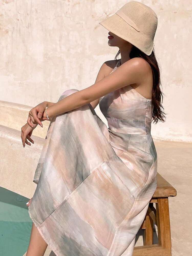 Women's Tie-Dye Print Elegant Maxi Halter Dress Summer