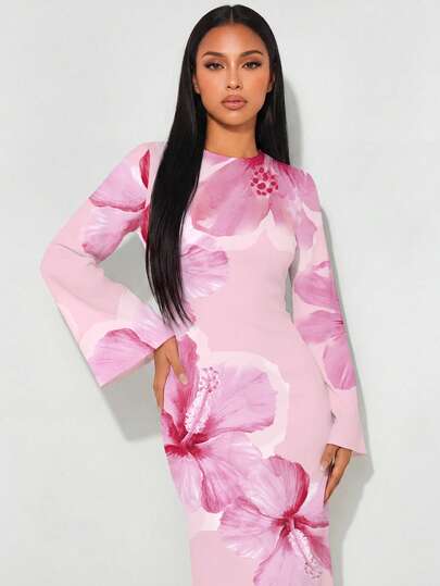 Veilorie Women's Elegant Bell Sleeve Backless Tie Waist Fishtail Hem Dress