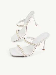 CUCCOO CHICEST Giày nữ cao gót mũi vuông, kiểu stiletto, đính sọc và ngọc trai. - trắng - Xem 3