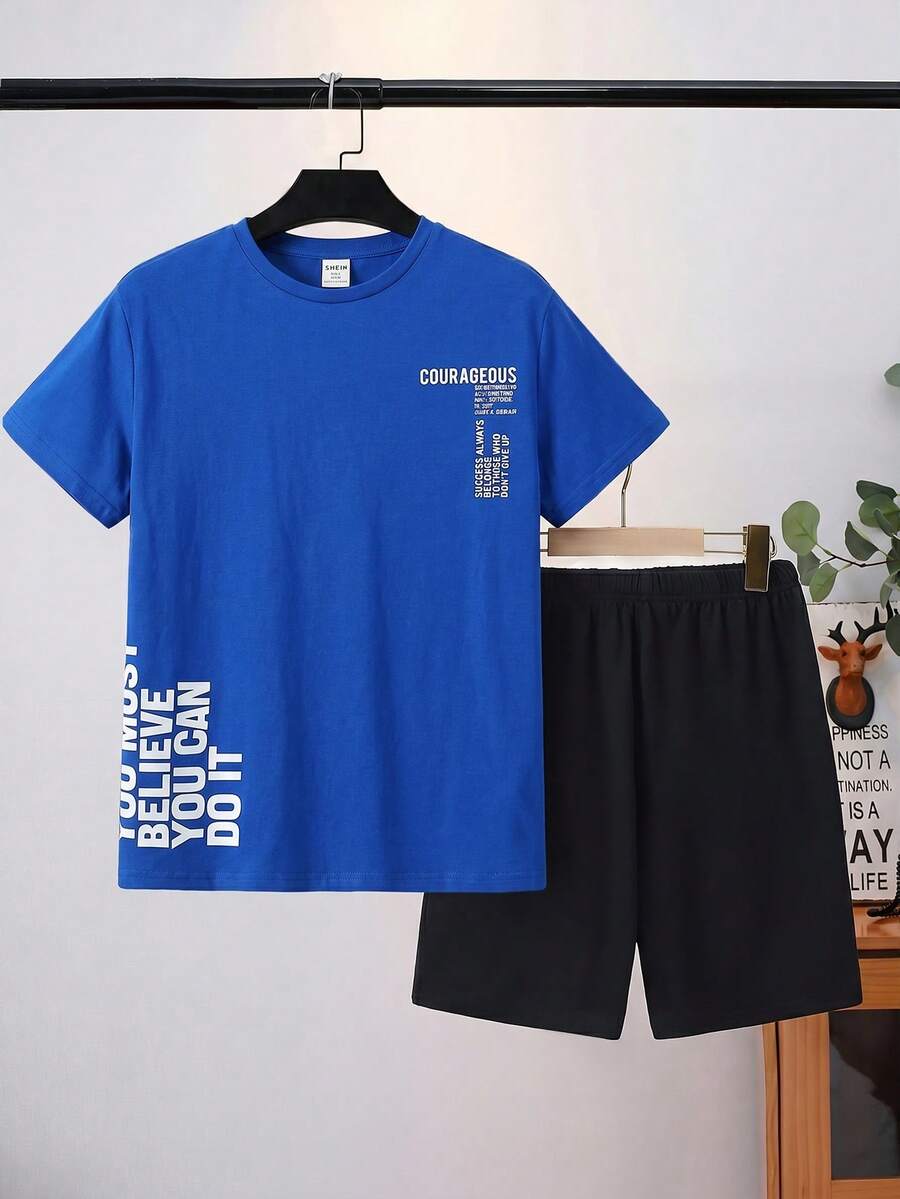 SHEIN 男童夏季休闲字母印花短袖T恤和短裤两件套睡衣,宽松舒适 - 寶藍色 - 查看 1