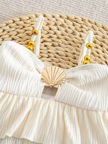 SHEIN Young Girl One-Piece Swimwear,White Ruffle Monokini With Seashell Trim,Cute Polyester Bathing Suit For Summer,Beach,Family Vacation,Holiday Outfit - Apricot - View 2