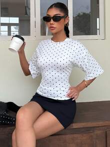 SHEIN Muchic Women's Polka Dot Print Fitted Casual Short Sleeve T-Shirt, Summer,Summer Top - Multicolor - View 6