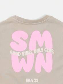 SUMWON Oversized Sage Green T-Shirt And Shorts Co-Ord Set With Pink Text Print Good Vibes Only Club Era 23 Girls Casual Summer Outfit - Khaki - View 5