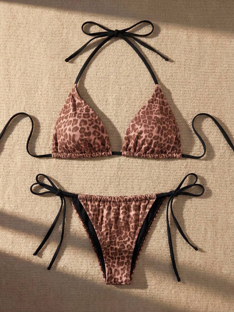 Women's Sexy Leopard Print Halter Bikini Set, Summer Vacation