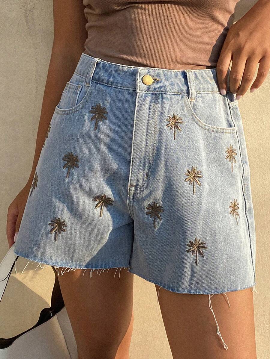 Livesso Quần short denim nữ kiểu dáng thường ngày, thêu hình cây cọ và có túi. - Màu xanh lam - Xem 1