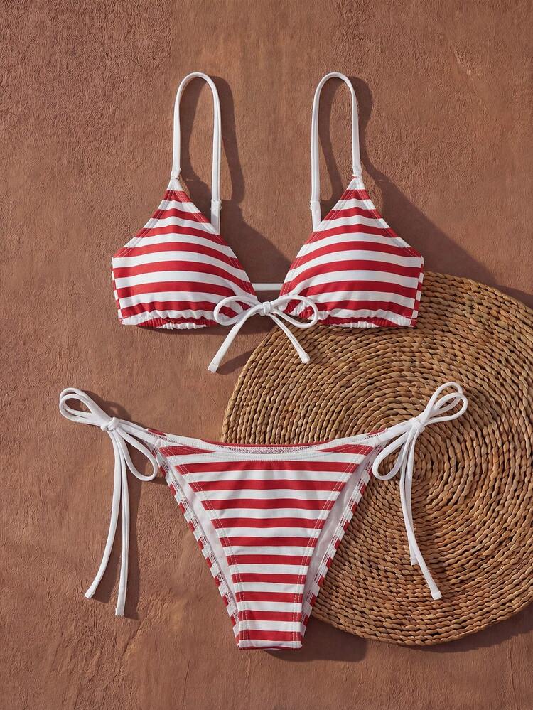 Women's Summer Beach Vacation Colorblock Striped Print Twist Front Bikini Set