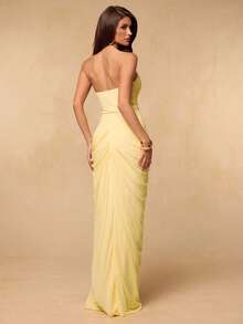 SHEIN BAE Đầm vàng trơn không tay, xếp ly, ôm sát, xẻ tà cao, thanh lịch, mềm mại, thích hợp cho kỳ nghỉ, đi biển, phù dâu, đám cưới, mùa xuân/hè. - Vàng nhạt - Xem 2