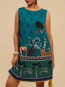 Vestido holgado sin mangas con estampado tropical para vacaciones de verano para mujer de talla - Verde - Ver 6
