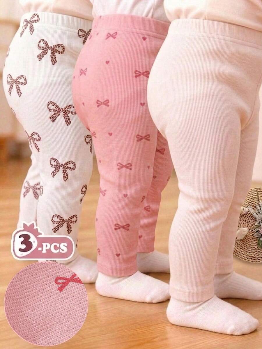 SHEIN Playful Pals 3件裝女嬰蝴蝶印花緊身舒適粉白條紋秋季可愛度假風設計，適合上學、戶外玩耍及拍照