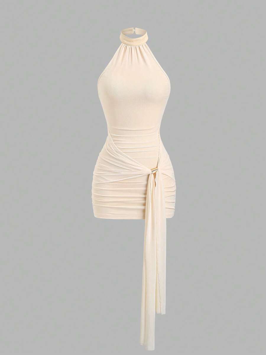 Sweetra Women's Elegant Fitted Romantic Pleated Halter Knit Dress - Apricot - View 1