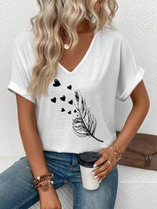 EMERY ROSE Women's V-Neck Short Sleeve Turnover Cuff Feather Print Casual Versatile T-Shirt, Spring/Summer - White - View 4